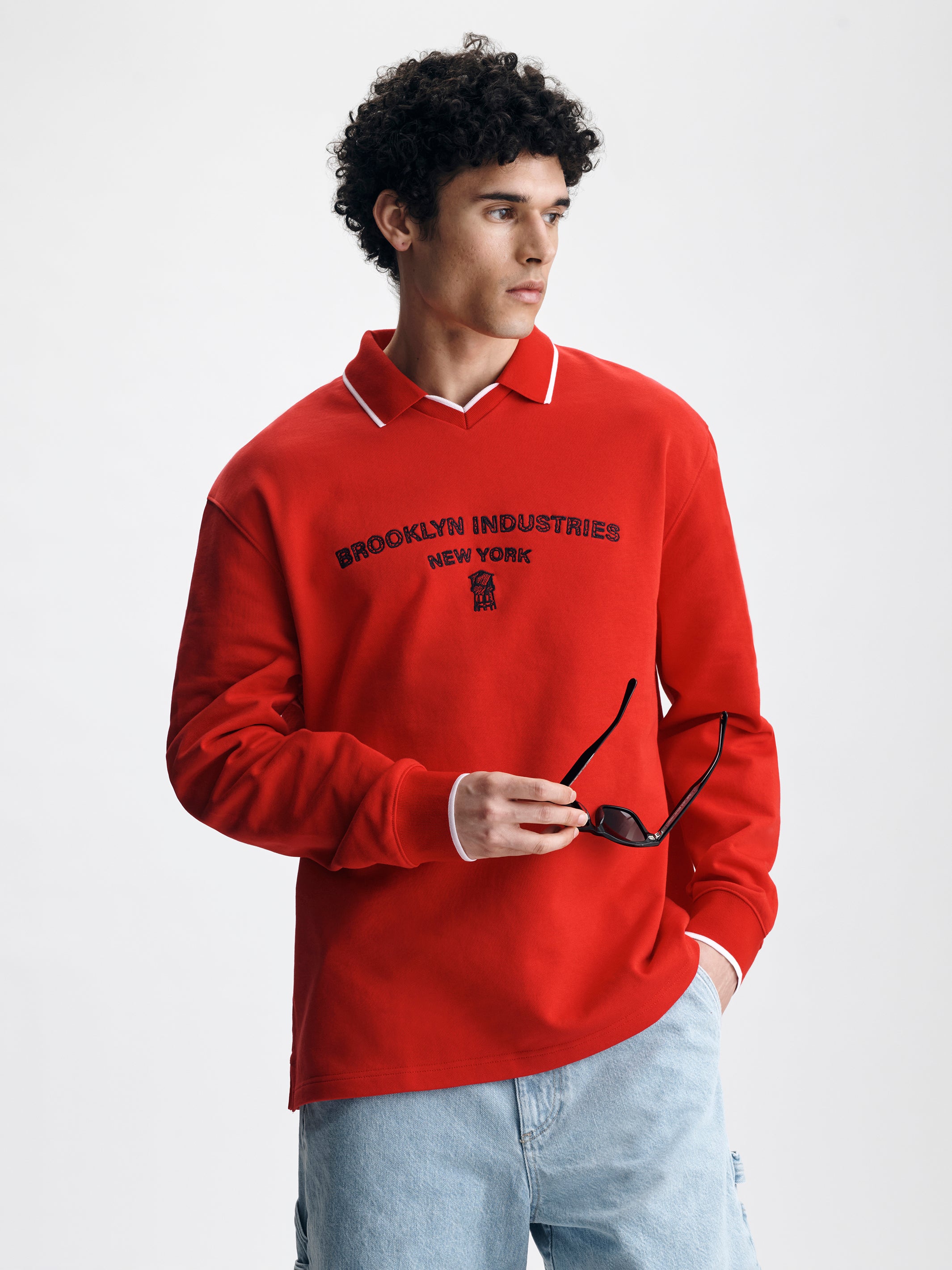 Men's Logo Varsity Polo Sweatshirt in Goji Berry - BROOKLYN INDUSTRIES