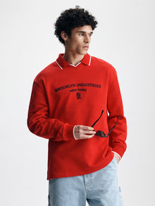 Men's Logo Varsity Polo Sweatshirt in Goji Berry - BROOKLYN INDUSTRIES