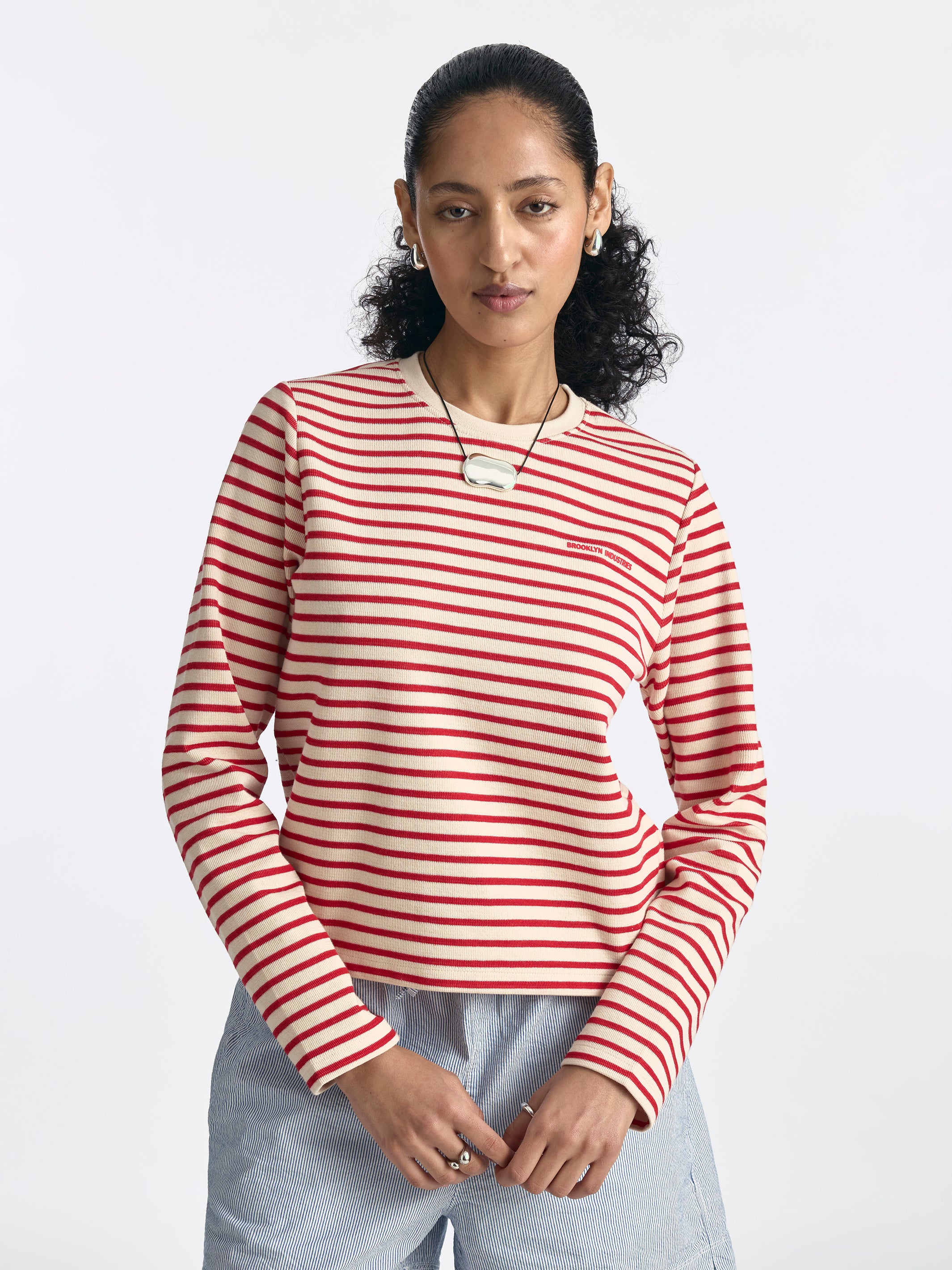 Women's Logo Long Sleeve Striped T-Shirt in Goji Berry Stripe - BROOKLYN INDUSTRIES