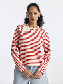 Women's Logo Long Sleeve Striped T-Shirt in Goji Berry Stripe - BROOKLYN INDUSTRIES