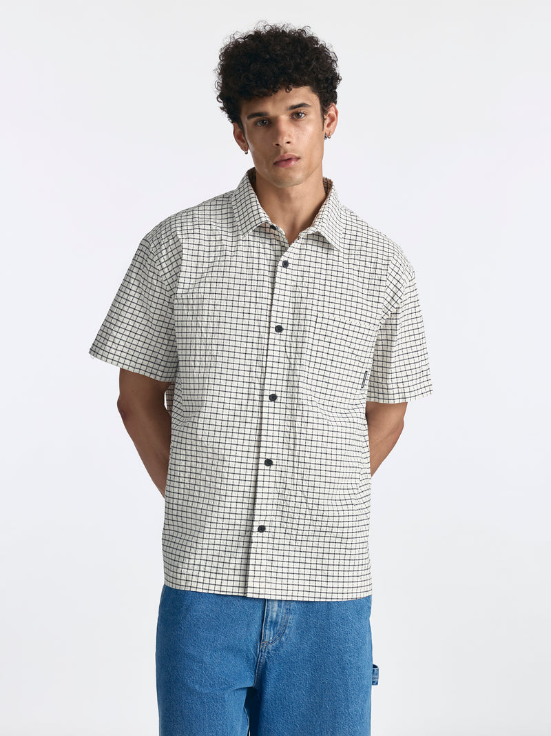 Men's Short Sleeve Plaid Shirt in Beige Check - BROOKLYN INDUSTRIES