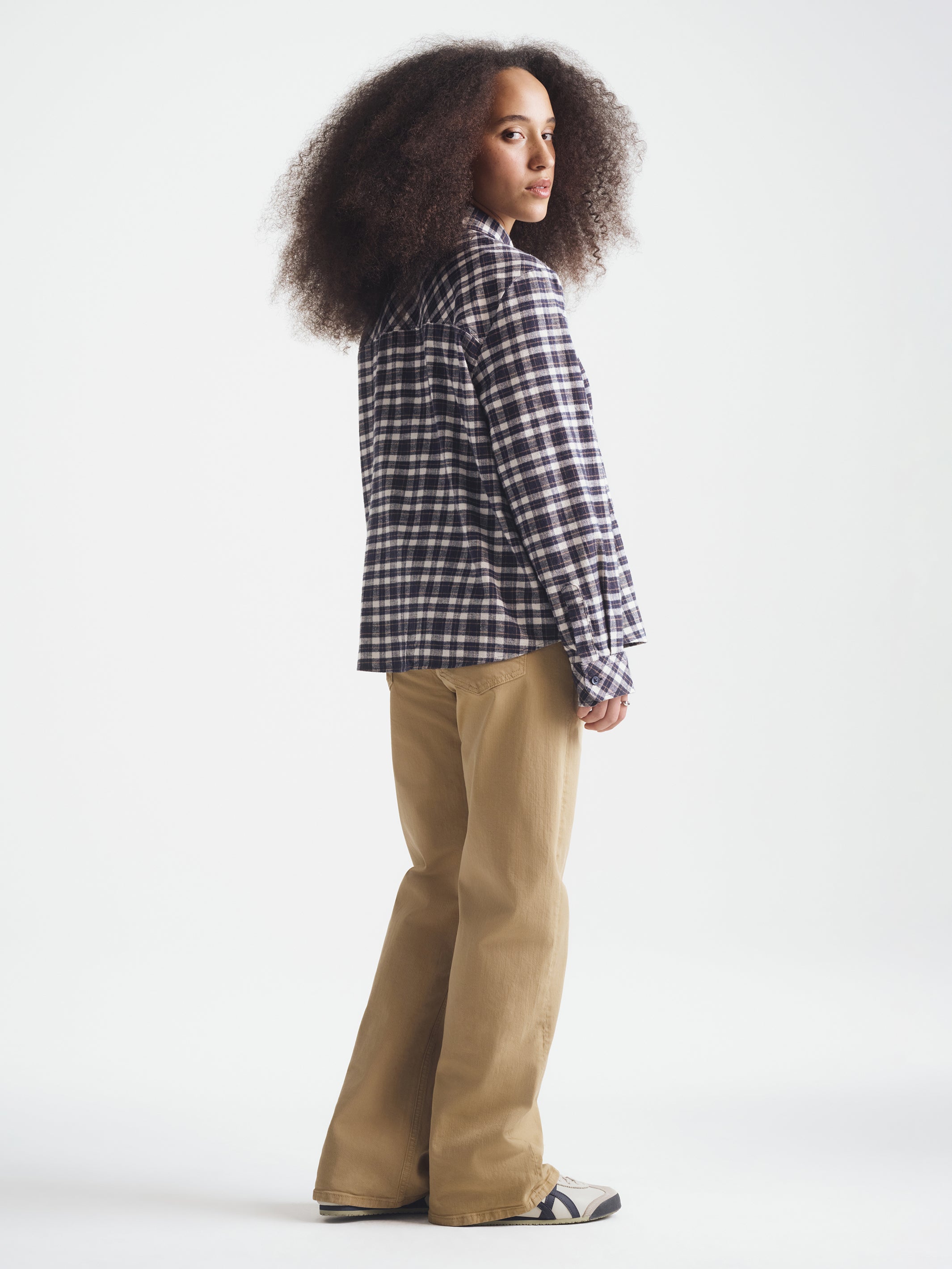 Women's Long Sleeve Plaid Shirt in Navy Check - BROOKLYN INDUSTRIES