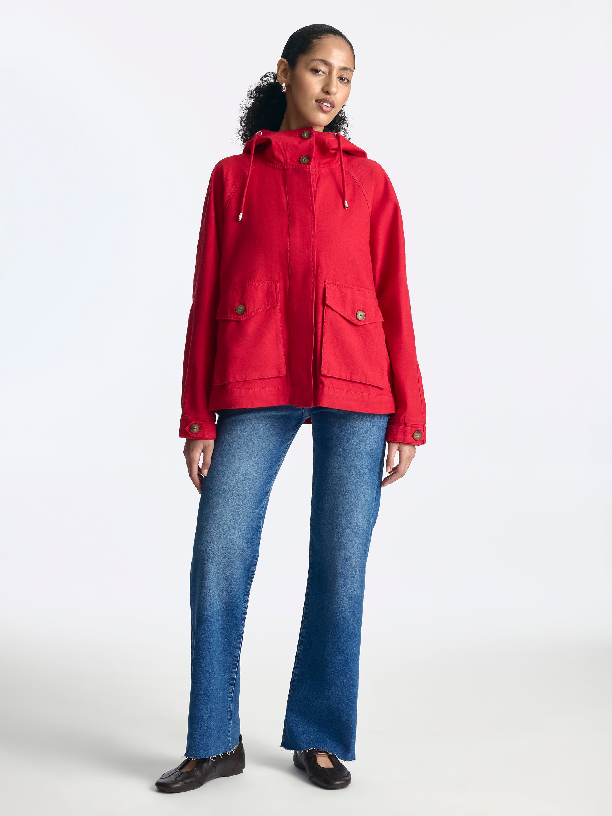Women's Short Hooded Utility Jacket in Tango Red - BROOKLYN INDUSTRIES