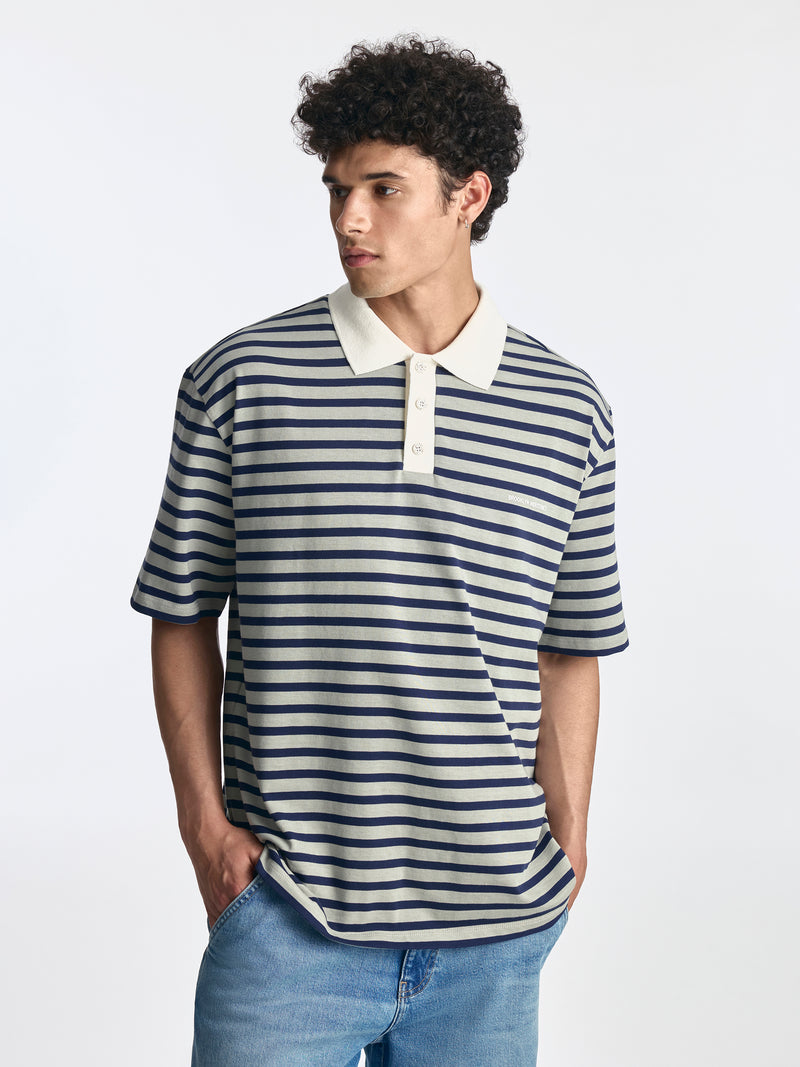 Men's Logo Polo Striped T-Shirt in Navy Stripe - BROOKLYN INDUSTRIES