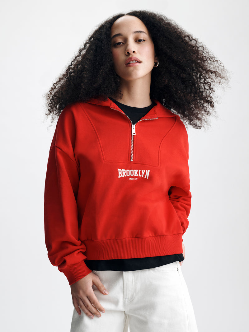 Women's Brooklyn Half Zip Hoodie in Goji Berry - BROOKLYN INDUSTRIES