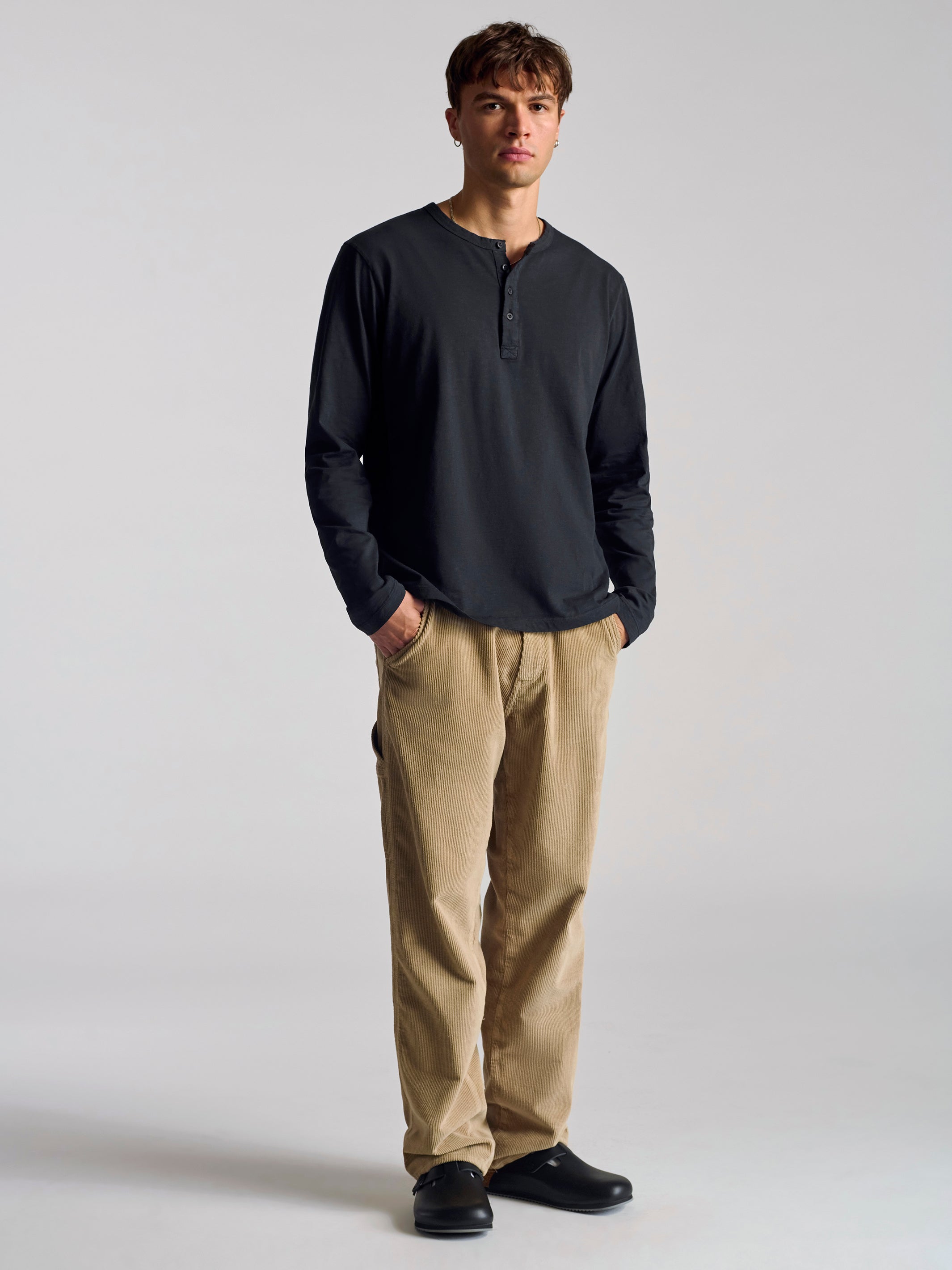 Men's Long Sleeve Henley T-Shirt In Black - BROOKLYN INDUSTRIES