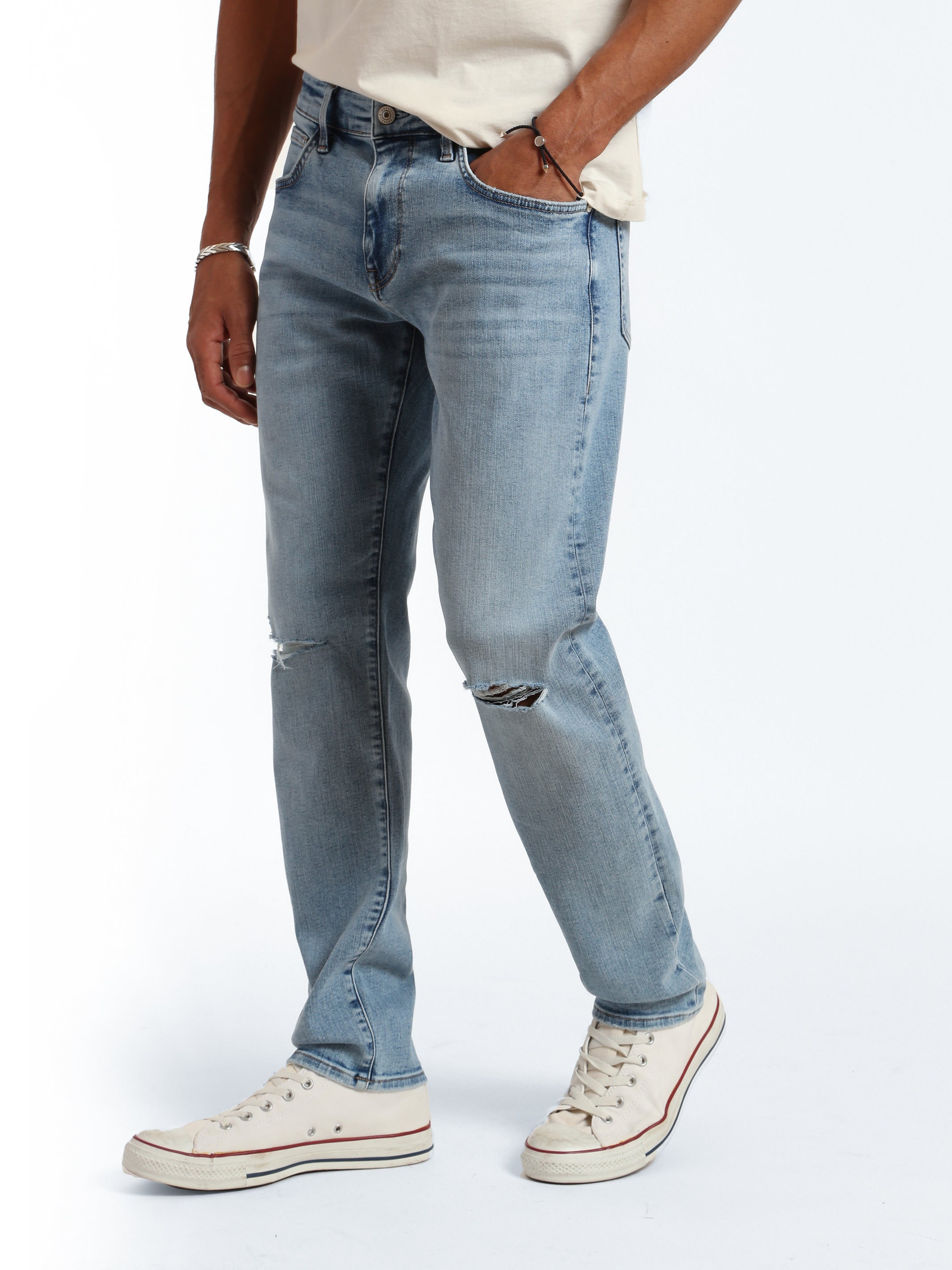 Bedford Slim Leg Jeans in Light Ripped Brushed Denim - BROOKLYN INDUSTRIES